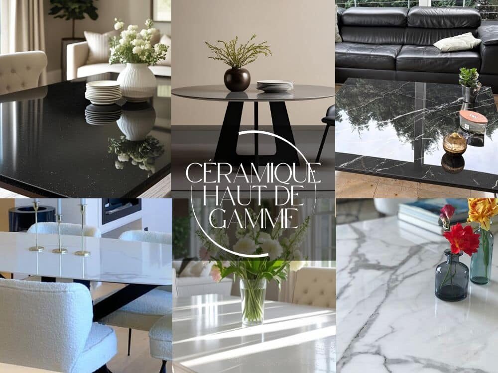 Présentation des possibilités offertes pour le plateau en céramique de nos tables sur-mesure : céramique noire unie, grise effet béton, marbre Calacatta black, Statuario Blanc avec veines grises aléatoires, céramique blanche unie. Nos tables sont garanties à vie.