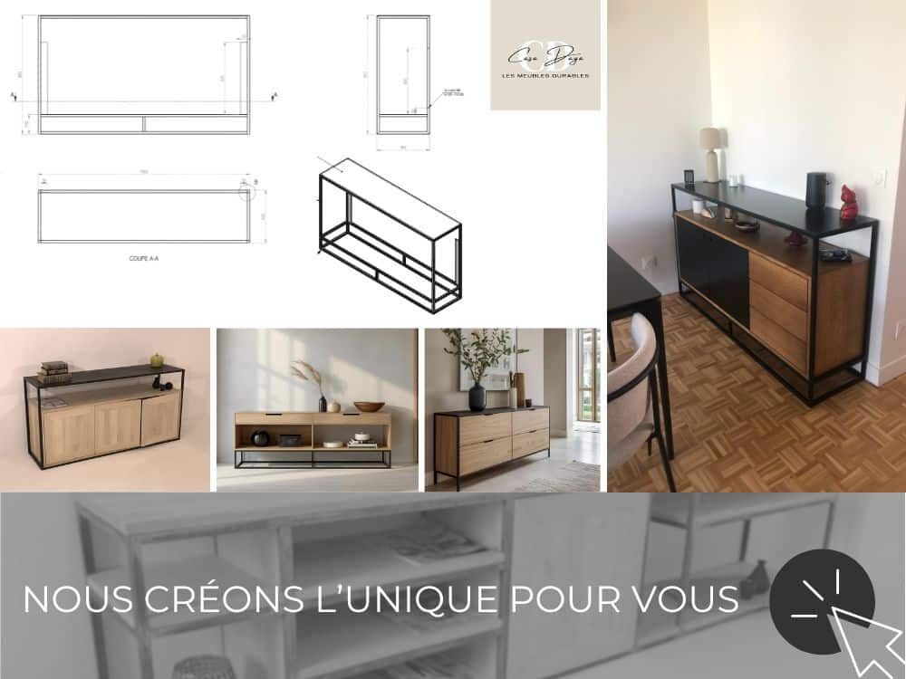 Meuble de rangement haut de gamme en acier thermolaqué et chêne massif de qualité premium décliné selon différentes options de personnalisation et plans avec toutes les cotes précises.
