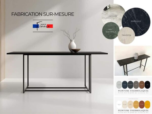Le plateau en marbre de la console design se décline en plusieurs coloris et styles, selon vos préférences. Idem pour le pied en métal qui peut être modifié et affiné selon le style de chacun.
