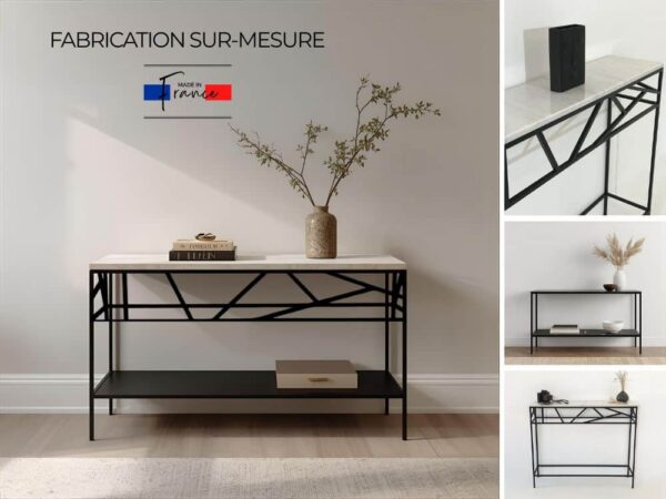Visuel de 4 photos présentant la console d'entrée en marbre avec son plateau en marbre blanc ou marbre noir et son pied en métal noir au design sculptural unique original. Possibilités de personnalisation : étagère, tiroir, rangement et autre.