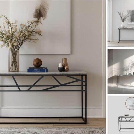 Visuels présentant 4 consoles d'entrée sur-mesure, en marbre et métal, au design original et personnalisable selon les besoins de chacun.