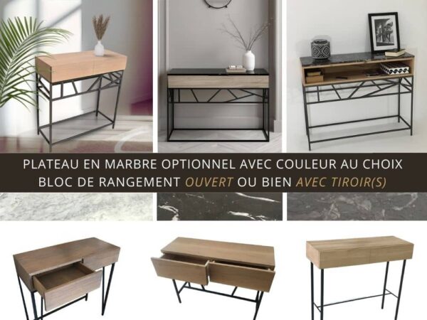 En bois massif et marbre, la console d’entrée VICTORIA se personnalise à volonté : plateau en marbre en option, couleur au choix et bloc de rangement en chêne massif, proposé avec ou sans tiroirs.