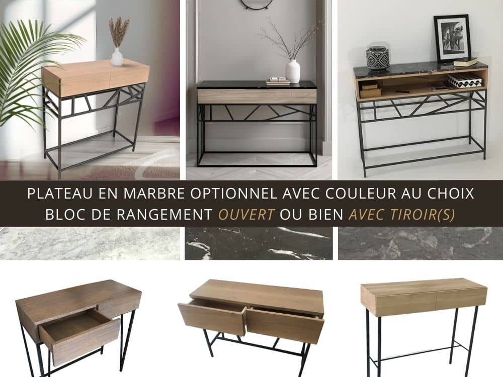 En bois massif et marbre, la console d’entrée VICTORIA se personnalise à volonté : plateau en marbre en option, couleur au choix et bloc de rangement en chêne massif, proposé avec ou sans tiroirs.
