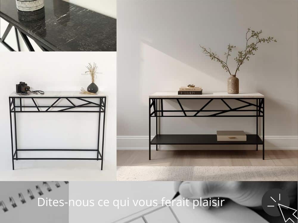 Casa Daya associe marbre et métal pour imaginer des consoles haut de gamme, personnalisables : marbre au choix, avec ou sans étagère. Visuel permettant d'apprécier les options de personnalisation possibles pour la console d'entrée en marbre : avec ou sans étagère, plateau en marbre au choix : blanc ou noir. Dimensions sur-mesure.