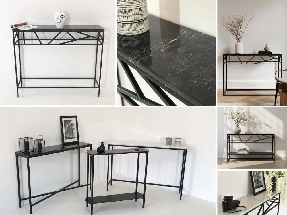 Consoles au caractère affirmé, où le marbre noir ou blanc rencontre la pureté du métal noir. Avec ou sans étagère, réalisées entièrement sur mesure, pour s’intégrer avec raffinement dans votre intérieur. Le contraste noble du marbre et du métal, décliné en six consoles d'entrées uniques. Des créations sculpturales, personnalisables ou sur mesure.