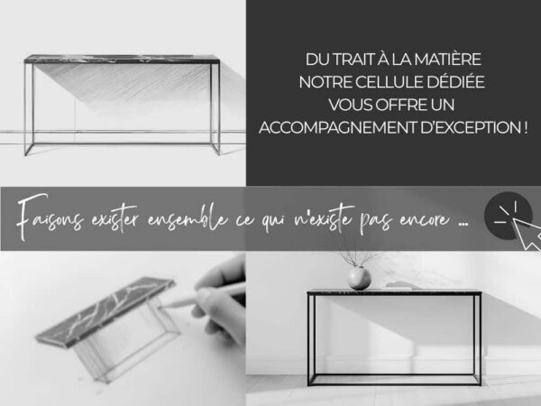 Ce visuel présente la console d’entrée EVA avec plateau en granit noir et plusieurs options de design pour le piétement. Pour chaque projet, notre bureau d’études élabore un croquis personnalisé, garantissant une création fidèle aux attentes de chacun avant la mise en fabrication.
