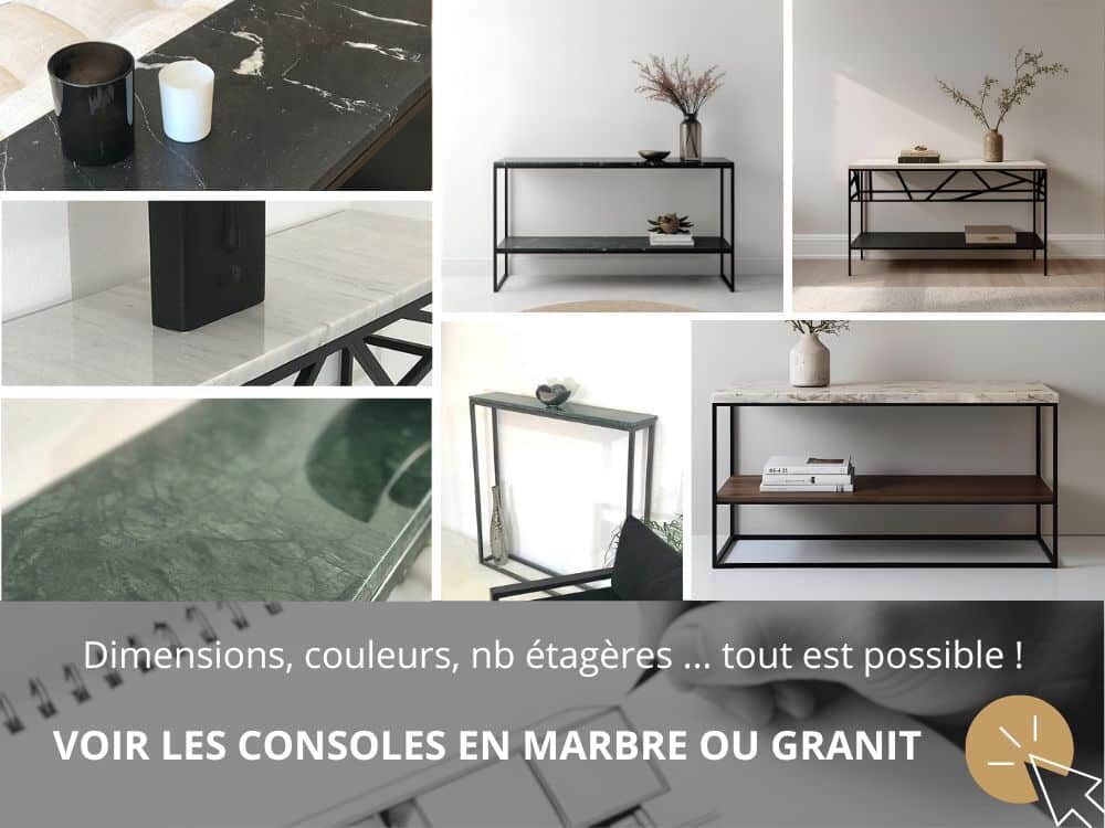 Consoles d'entrée sur-mesure en marbre, couleurs et design au choix, étagères en marbre ou en métal, nombreuses options possibles.