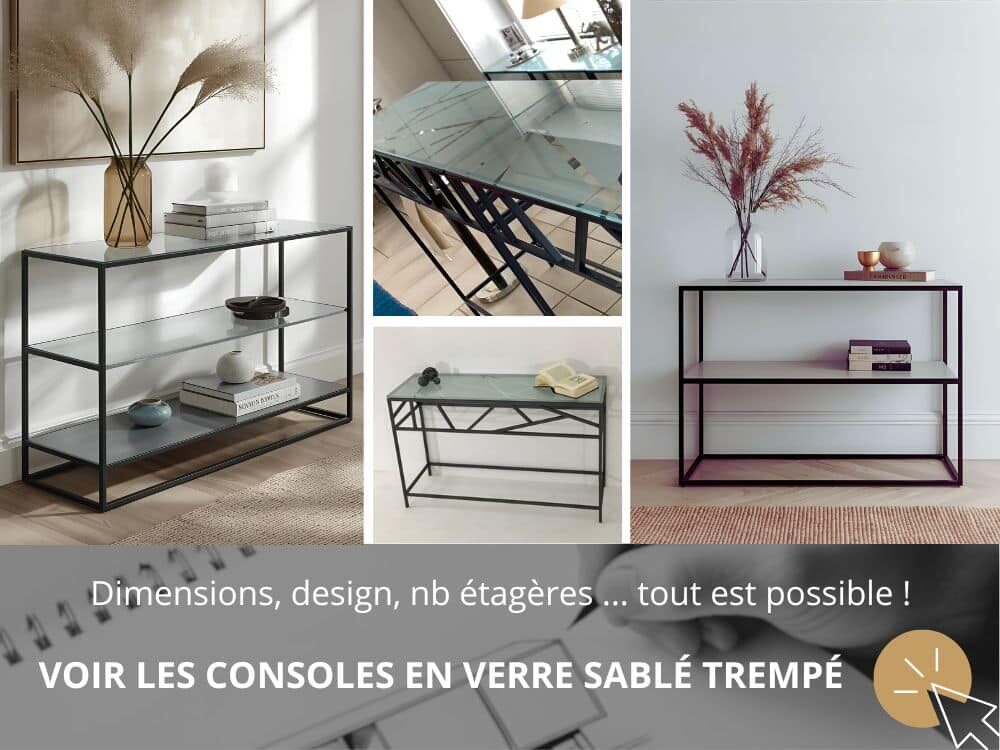Consoles d'entrée sur-mesure en verre trempé, verre clair, verre sablé avec motifs originaux, étagères en acier ou en verre possibles, nombreuses options de personnalisation possibles.