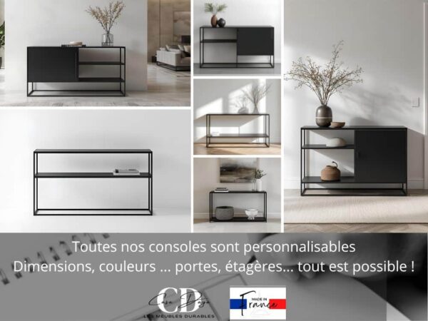Comme le montre le visuel, la console design en métal noir se personnalise selon ses envies. Dimensions, ajout d’une porte, une ou deux étagères placées à la hauteur idéale : chaque détail s’adapte aux besoins de chacun.