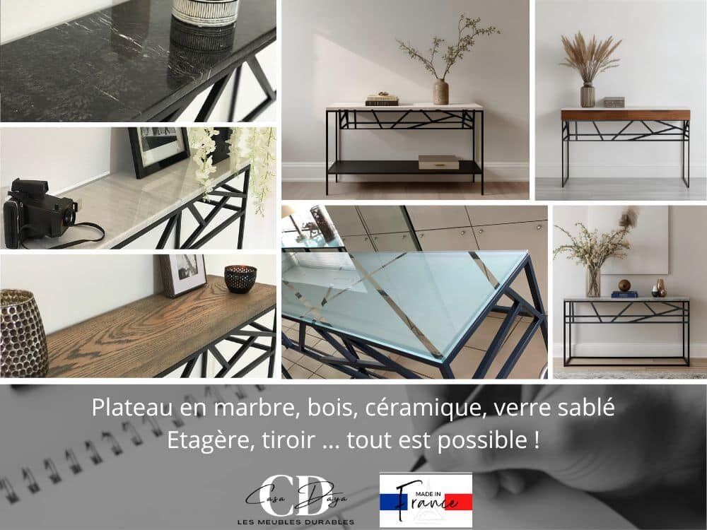 Détail des options possibles pour la fabrication des consoles durables et sur mesure de Casa Daya : chêne massif, métal thermolaqué, marbre raffiné, verre sablé de motifs originaux. Matériaux nobles et finitions haut de gamme. Détail des options possibles pour la fabrication des consoles durables et sur mesure de Casa Daya : chêne massif, métal thermolaqué, marbre raffiné, verre sablé de motifs originaux. Matériaux nobles et finitions haut de gamme.