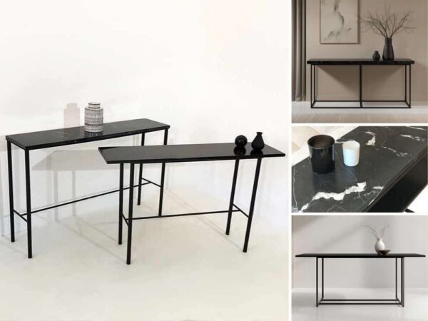 Visuel de 4 images proposant différentes versions de la console HEIDI D avec son plateau en marbre noir et son pied en métal noir dont les caractéristiques peuvent être transformées.