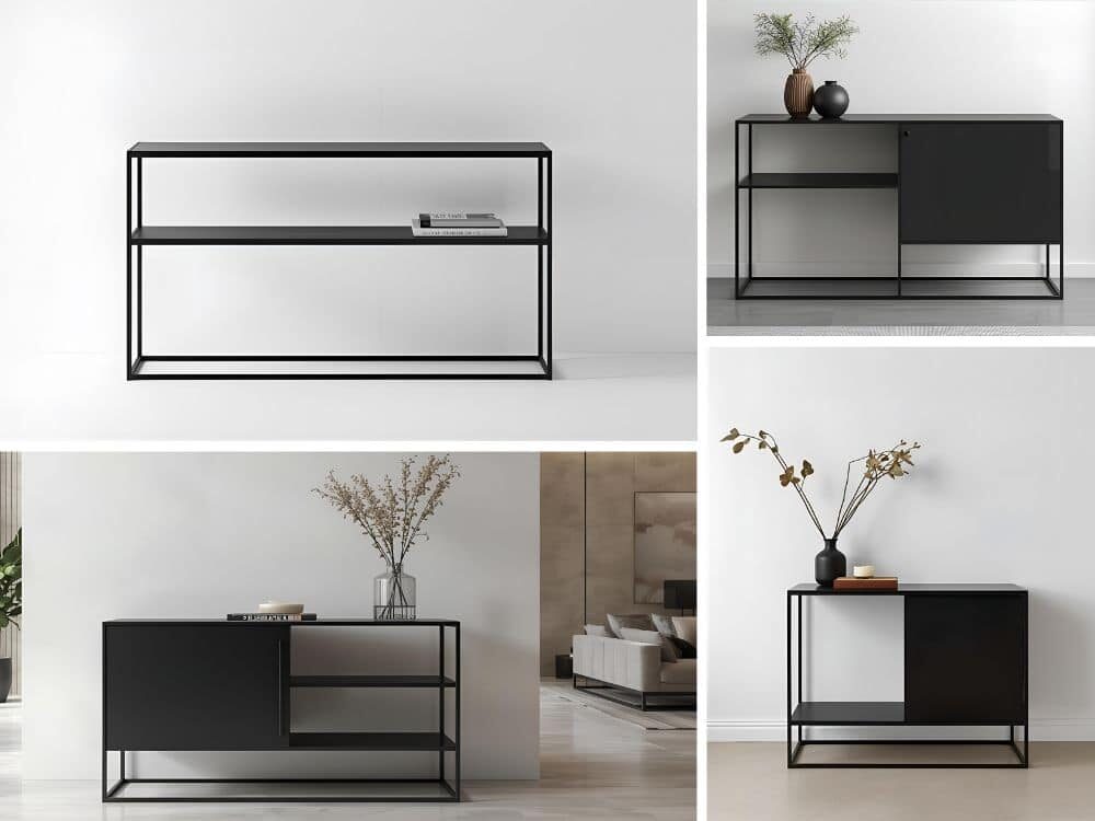Ce visuel présente le meuble d’entrée chic en métal noir, proposé avec une porte pleine ou des étagères. Leurs dimensions et leur position se personnalisent entièrement selon vos besoins.