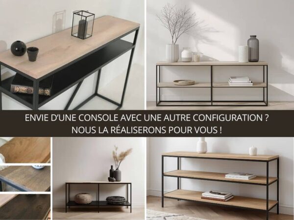 Dans ce visuel, la console meuble d’entrée DELLY s’habille de bois massif français et de métal thermolaqué. Étagères, tiroirs ou composition sur mesure : tout se module avec élégance pour créer un meuble unique, pensé pour votre intérieur.