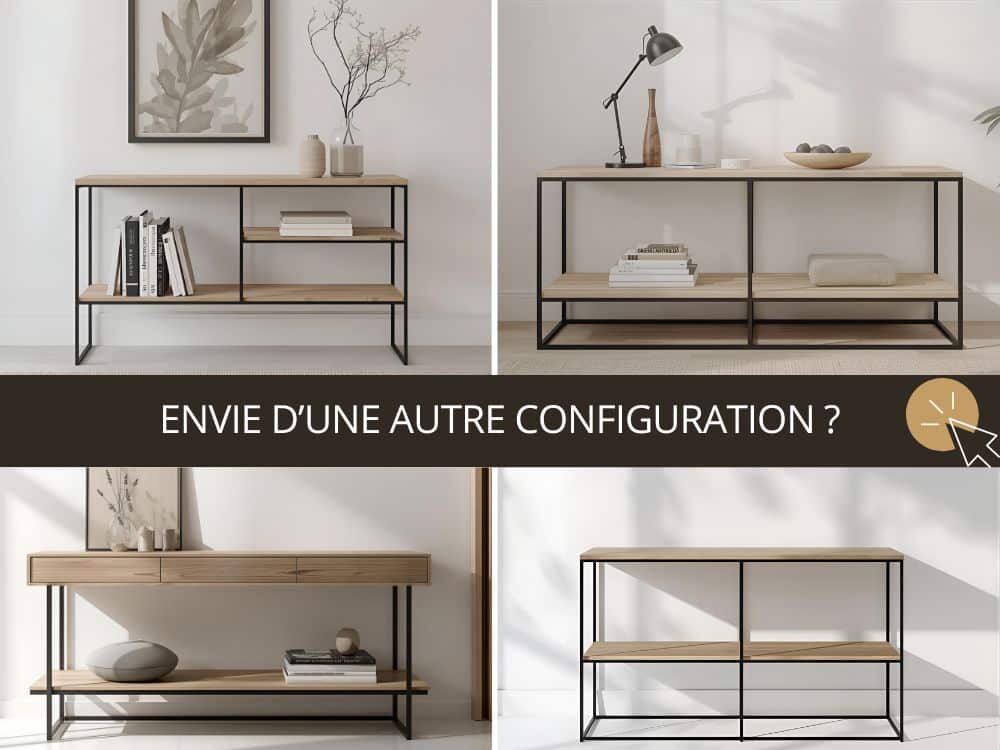 Dans ce visuel, la console d’entrée DELLY conjugue la noblesse du bois massif français et la rigueur du métal thermolaqué. Étagères, tiroirs ou configurations sur mesure se déclinent avec élégance pour donner vie à un meuble unique, pensé comme une véritable pièce d’architecture intérieure.