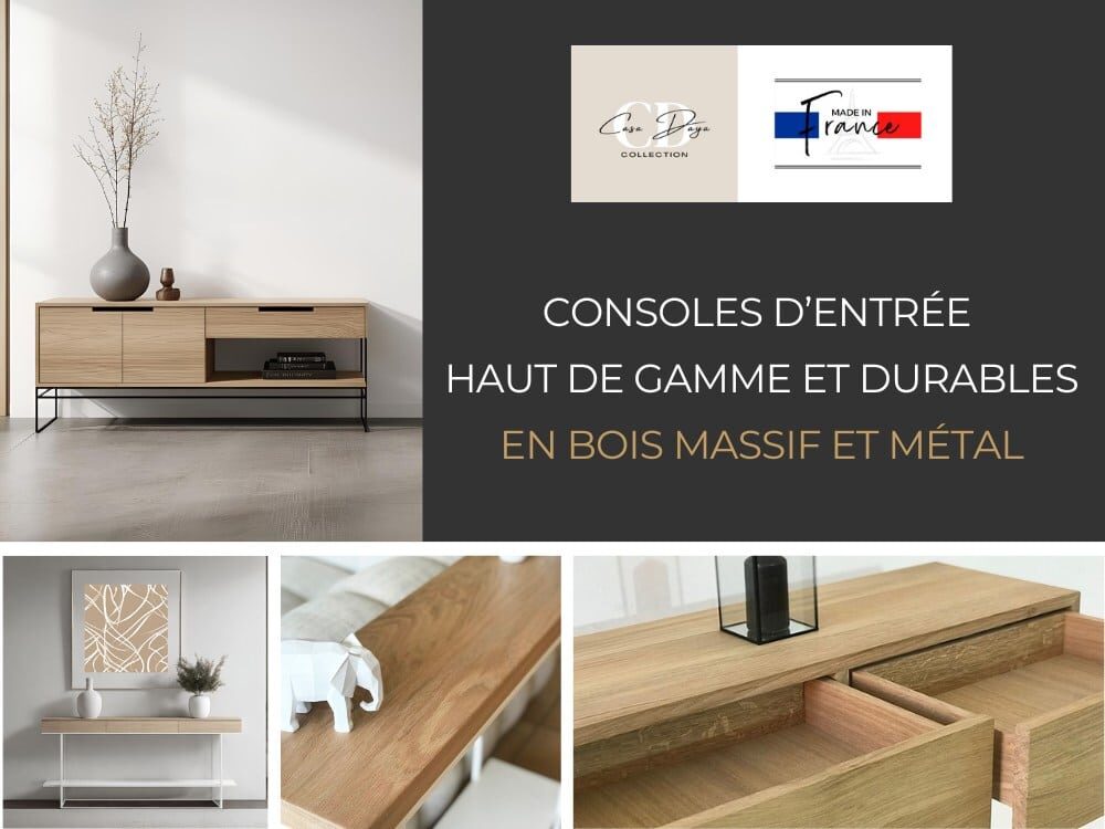 Visuel de 4 vignettes montrant les nombreuses options possibles pour votre meuble console d'entrée en bois massif et métal Avec Casa Daya, la console d’entrée s’impose comme une véritable pièce de design. Entièrement sur mesure et personnalisable, elle combine, selon vos envies, un plateau et des étagères en acier ou en bois massif français de qualité Premium, portés par une structure élégante et robuste en acier thermolaqué. Chaque création est durable, haut de gamme et garantie à vie.