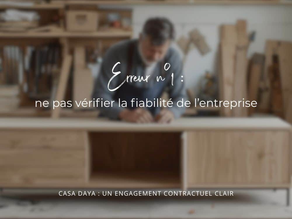 Erreur n° 1 à éviter quand on achète du mobilier en ligne : ne pas vérifier la fiabilité de l'entreprise, avec en arrière plan l'ébéniste assemblant le buffet en chêne massif clair et pied en métal fin et minimaliste.