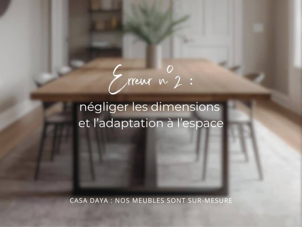Erreur n° 2 à éviter quand on achète du mobilier en ligne : négliger les dimensions et l'adaptation à l'espace, avec en arrière plan la table de salle à manger avec son plateau en chêne massif et son pied en métal noir au design élégant.