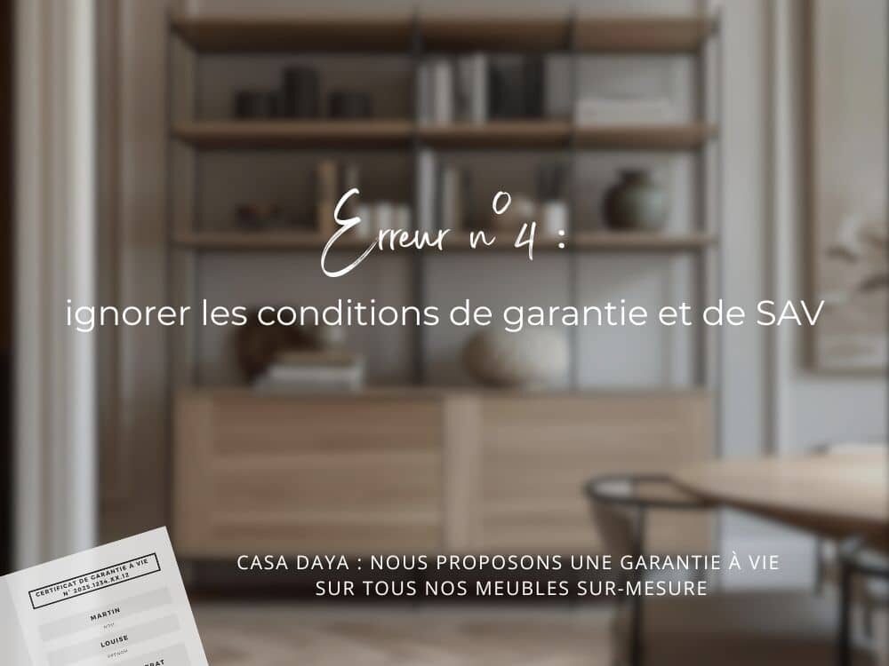 Erreur n° 4 à éviter quand on achète du mobilier en ligne : ignorer les conditions de garantie et de SAV, avec en arrière plan un meuble de rangement bibliothèque en chêne massif clair et métal qui doit faire l'objet d'une garantie à vie.