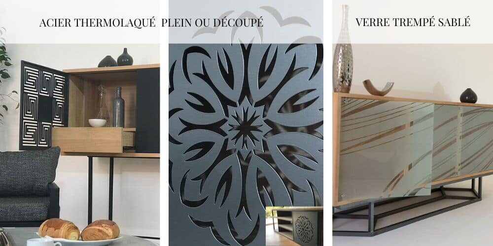 Ces visuels mettent en lumière les matériaux d’exception qui composent nos meubles design sur mesure. Acier thermolaqué, plein ou délicatement découpé de motifs graphiques élégants, et verre trempé sablé, orné de dessins floraux, géométriques ou ethniques, confèrent à chaque création une identité singulière et raffinée.
