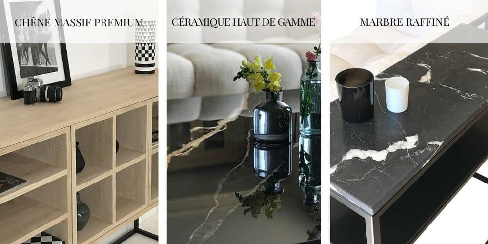 Visuels des matériaux nobles utilisés pour la fabrication de nos meubles design sur-mesure : chêne massif premium français, céramique italienne haut de gamme, marbre raffiné issu de carrières reconnues.
