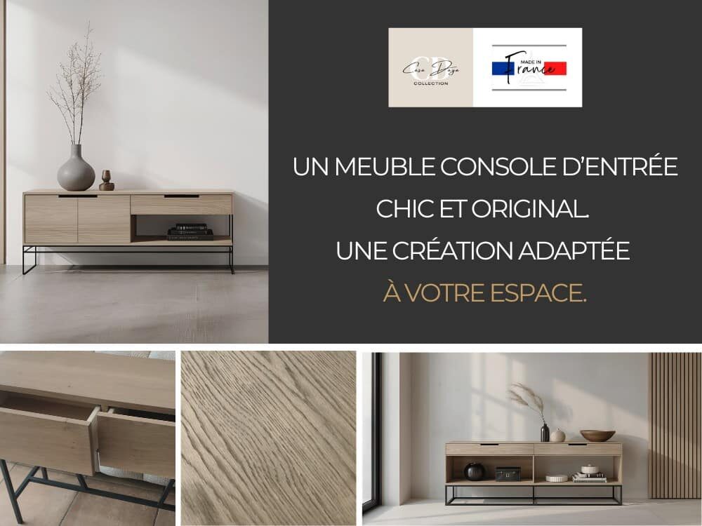 Visuel illustrant trois consoles d’entrée sur mesure en bois et métal. En haut à gauche : console avec portes, tiroir, module ouvert et piétement fin au design original. En bas à gauche : version minimaliste avec deux tiroirs. En bas à droite : modèle intégrant deux tiroirs, deux modules ouverts et un piétement en métal élégant au style fin et minimaliste. Visuel proposant consoles d'entrée sur-mesure en bois et métal. En haut à gauche : rangement avec portes, tiroir, module ouvert et pied fin original. En bas à gauche : avec 2 tiroirs. En bas à droite : avec 2 tiroirs, 2 modules ouverts et un piétement en métal au design fin et minimaliste.