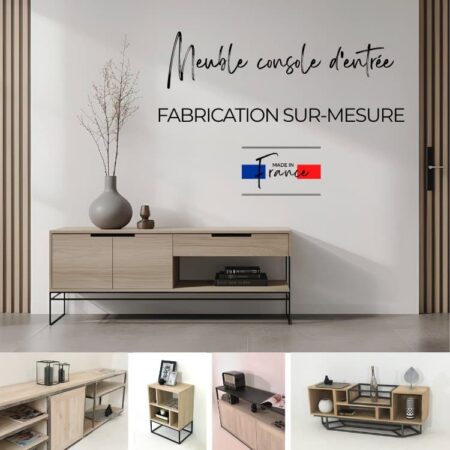 Visuels présentant différents types de meubles d'entrée chic et originaux en bois de chêne massif et métal, tous sont personnalisables et réalisables sur-mesure.