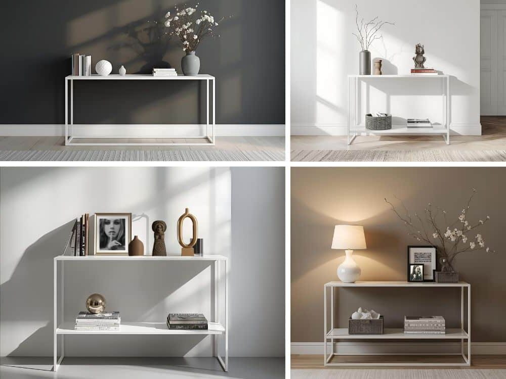 Les visuels dévoilent diverses inspirations pour habiller un meuble console d’entrée en métal blanc. Accessoires délicats et objets choisis transforment l’entrée en un espace élégant et accueillant.