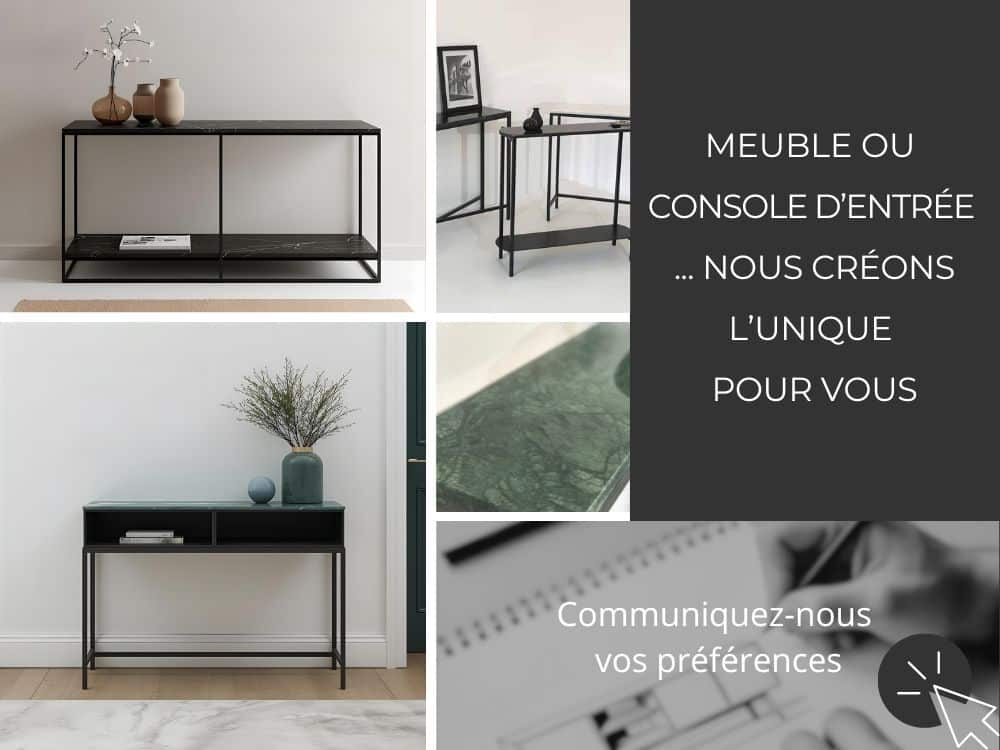 Options possibles pour la console d'entrée en marbre : avec ou sans étagère, en métal, en marbre ou en associant les deux. Pied en acier patiné “canon de fusil” gris anthracite ou acier thermolaqué.