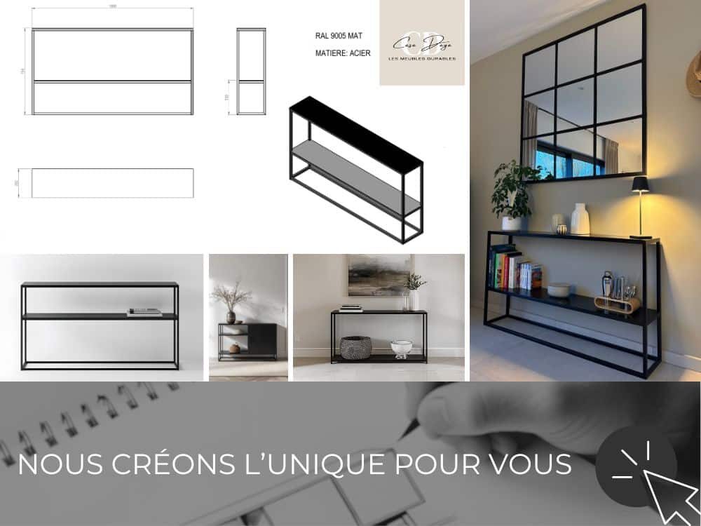 Console meuble d'entrée haut de gamme en acier thermolaqué déclinée selon différentes options de personnalisation et plans avec côtes précises.