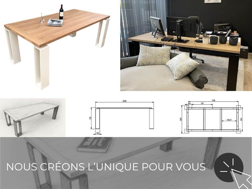 Table de salle à manger haut de gamme en chêne massif Premium et acier thermolaqué déclinée selon différentes options de personnalisation et plans avec côtes précises.