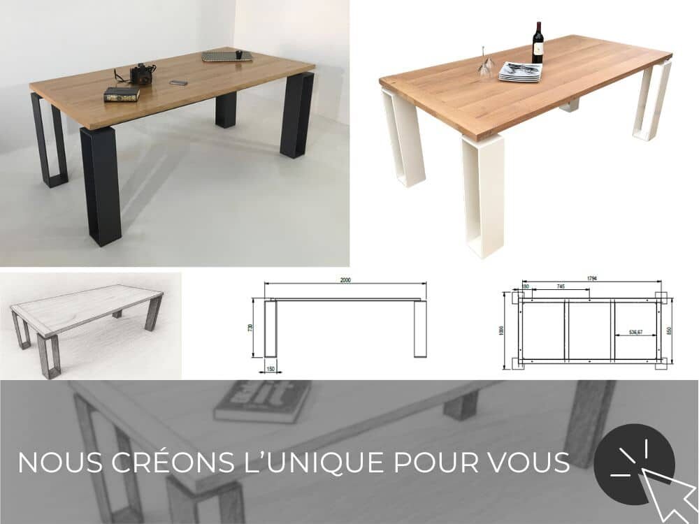 Table de salle à manger haut de gamme en chêne massif Premium et acier thermolaqué déclinée selon différentes options de personnalisation et plans avec côtes précises.