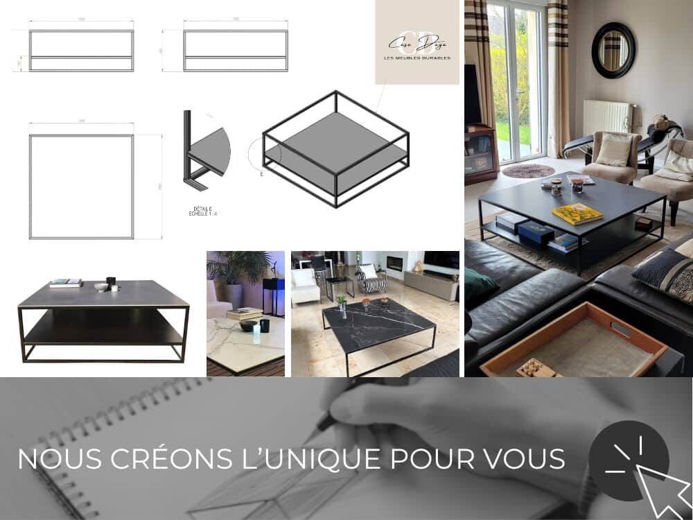 Les visuels mettent en avant la table de salon carrée TIVIA avec son plateau en céramique italienne d’exception et son piétement en métal aux lignes fines et épurées. Ils révèlent aussi la variété des options de plateau et le soin apporté aux plans détaillés avec cotes précises, conçus pour chaque pièce sur mesure.