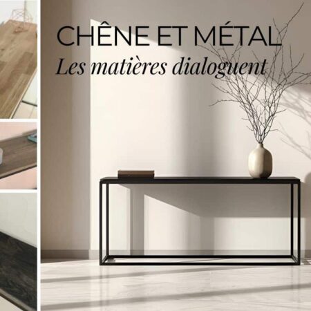 Ce visuel présente la console TIA en vue de face, avec son piétement en métal brut patiné et les options possibles pour l'huile de protection du plateau en bois de chêne massif abouté.