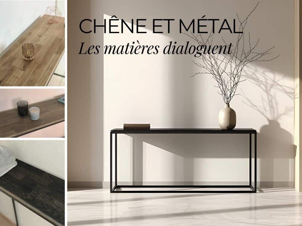 Ce visuel présente la console TIA en vue de face, avec son piétement en métal brut patiné et les options possibles pour l'huile de protection du plateau en bois de chêne massif abouté.