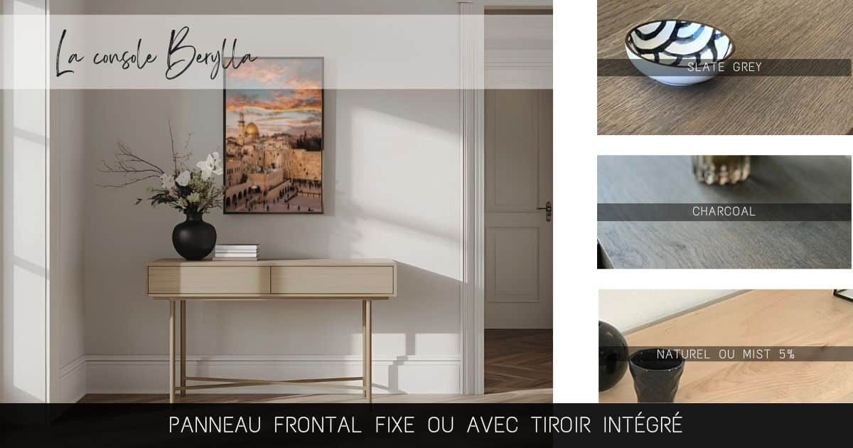 Le hall de cet appartement élégant est mis en valeur par la pureté des lignes et la délicatesse du piétement minimaliste de la console-meuble BERYLLA.