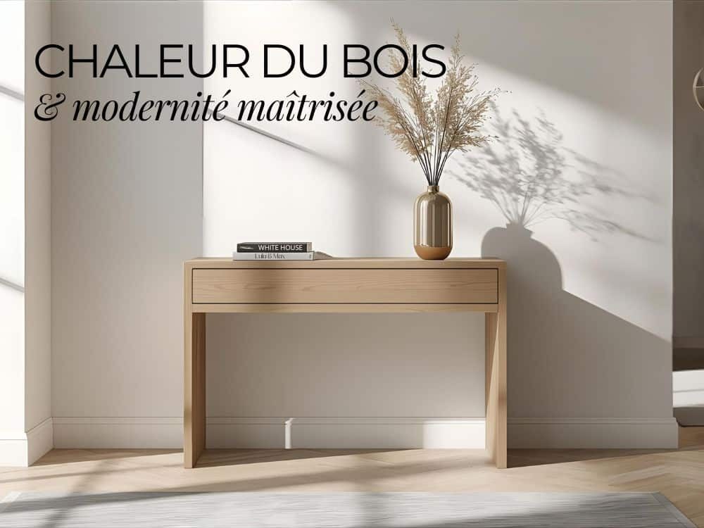 Console en chêne massif clair naturel avec tiroir. Console d’entrée en bois clair avec tiroirs, en chêne massif. Design épuré, structure solide et élégante, elle peut être fabriquée sur-mesure.