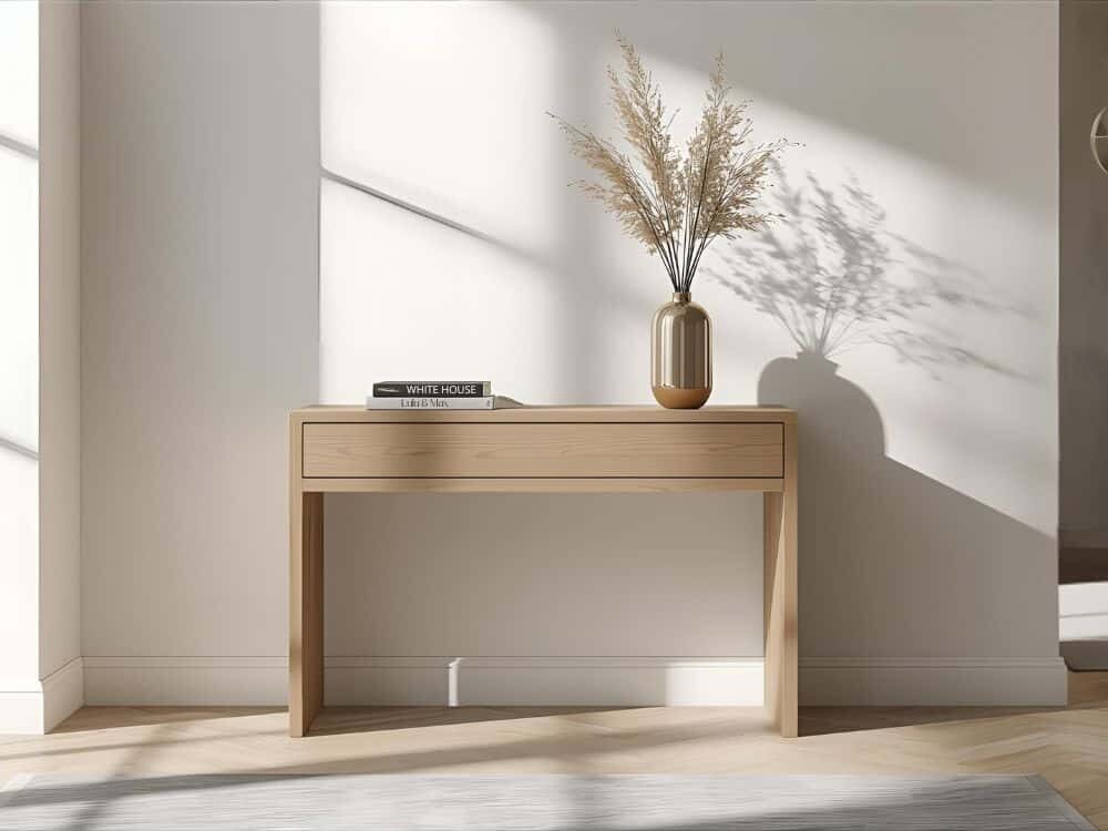 Console d’entrée en bois clair avec tiroirs, en chêne massif. Design épuré, structure solide et élégante, elle peut être fabriquée sur-mesure.
