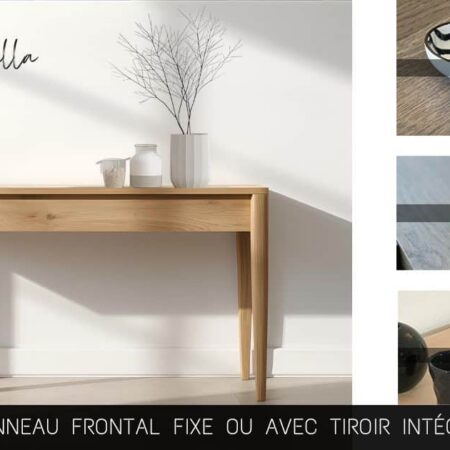 Réalisée en bois massif clair, cette console au design épuré s’impose par la justesse de ses proportions et la délicatesse de son piétement. Son panneau frontal peut être configuré avec un ou deux tiroirs, ou conservé nu pour une expression plus radicale du minimalisme.