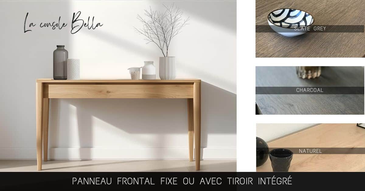 Réalisée en bois massif clair, cette console au design épuré s’impose par la justesse de ses proportions et la délicatesse de son piétement. Son panneau frontal peut être configuré avec un ou deux tiroirs, ou conservé nu pour une expression plus radicale du minimalisme.