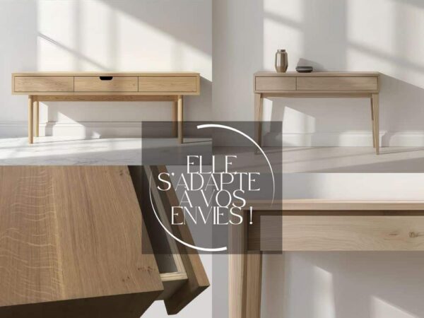 La console en bois peut être configurée de différentes façons, avec ou sans tiroirs afin de s'adapter aux goûts et exigences de chacun.