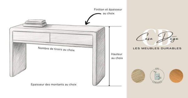 Croquis à main levée de la console d'entrée en chêne massif épais avec ses tiroirs.