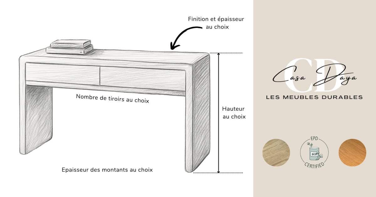 Croquis à main levée de la console d'entrée en chêne massif épais avec ses tiroirs.