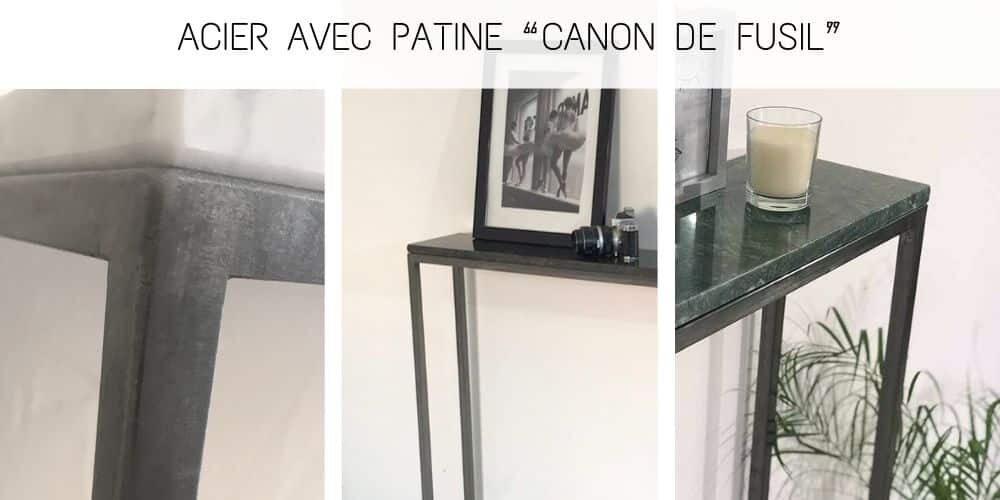 Vues détaillées de 3 consoles dont les piétements en acier tubulaires sont traités avec notre patine artisanale "Canon de Fusil".