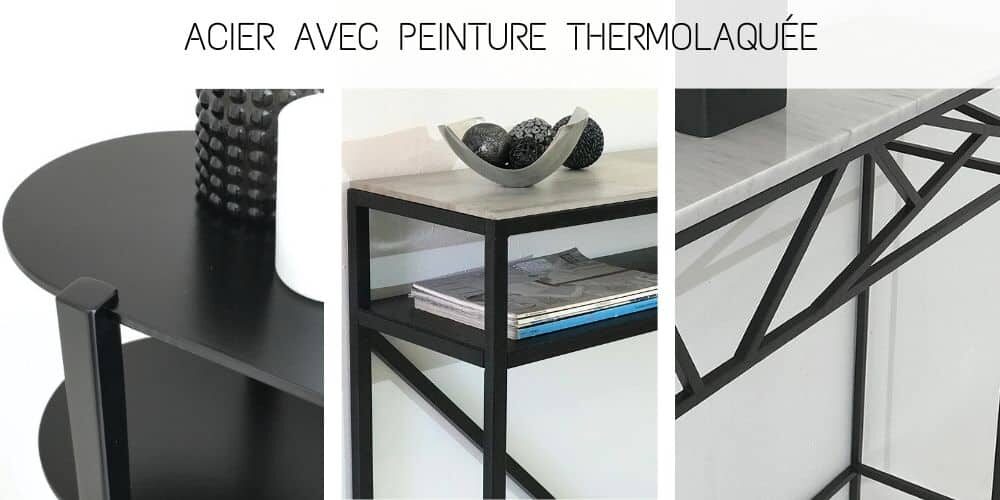 Vues rapprochées de 3 consoles dont les piétements en acier sont recouverts d'une peinture thermolaquée noire. Un rendu sobre, uniforme et élégant.