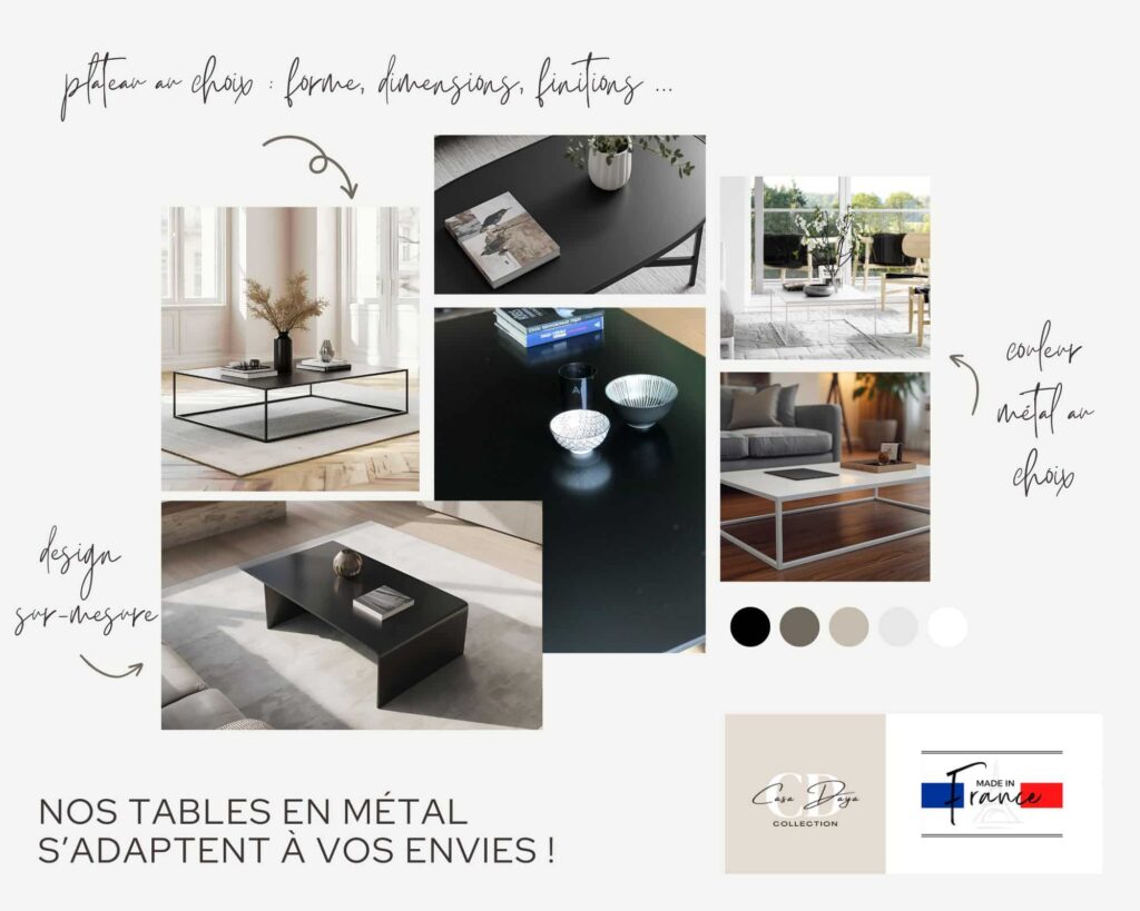 Table basse design en métal noir, fine et minimaliste. Disponible en blanc ou beige, et personnalisable sur mesure. La table basse Talya incarne l’élégance du métal noir dans sa forme la plus épurée. Disponible en noir, blanc ou beige, cette création peut être personnalisée ou réalisée sur mesure, selon vos envies et les nuances de votre intérieur.