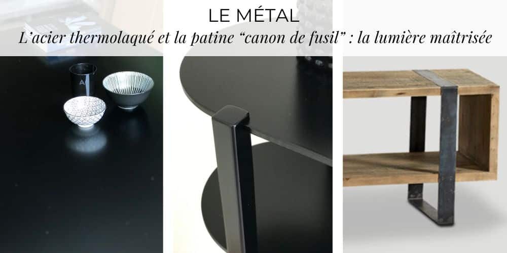 Les deux images de gauche illustrent la tendance 2026 déco maison matières, avec la sobriété du noir mat thermolaqué visible sur la table basse Talya et la console Anne. À droite, l’alliance du chêne massif recyclé et du métal brut patiné exprime la force et l’authenticité d’une création sur mesure.