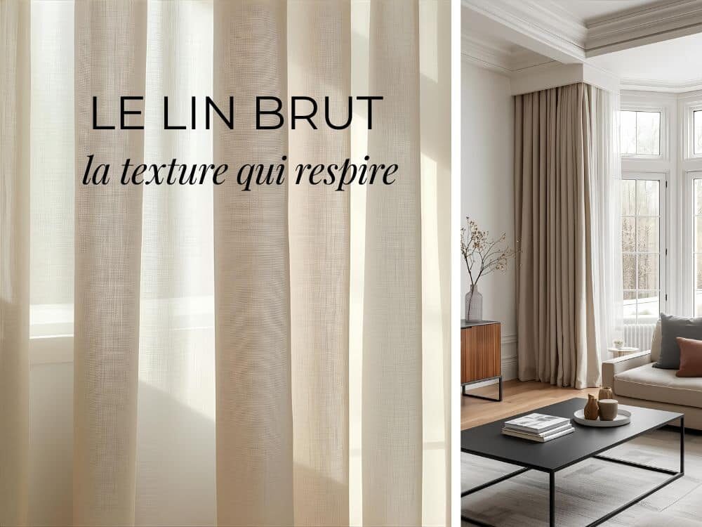 2 visuels montrent un rideau en lin en vue rapprochée et un salon moderne avec la table basse en métal noir TALYA, un canapé, un meuble en chêne et une fenêtre habillée par un rideau en lin beige.