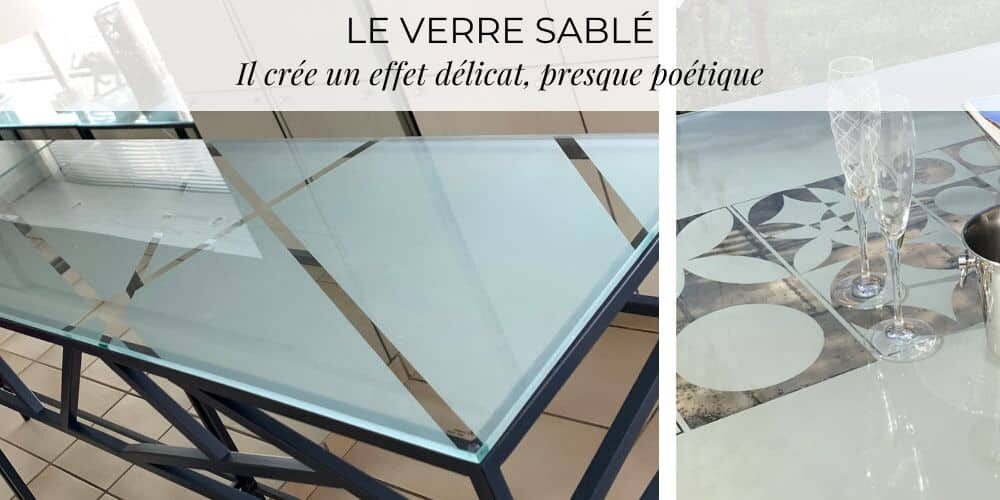 2 visuels avec détail des plateaux en verre sablé avec motifs géométriques originaux : à gauche la console NAOMIE et à droite la table à manger BURTON avec son plateau en verre trempé et ses motifs design.