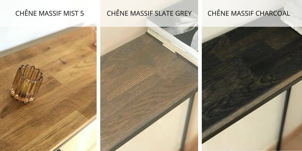 Détail des huiles teintées destinées au chêne massif : chêne massif clair, chêne massif grisé et chêne massif foncé. Détail des huiles teintées destinées au chêne massif : chêne massif clair, chêne massif grisé et chêne massif foncé.