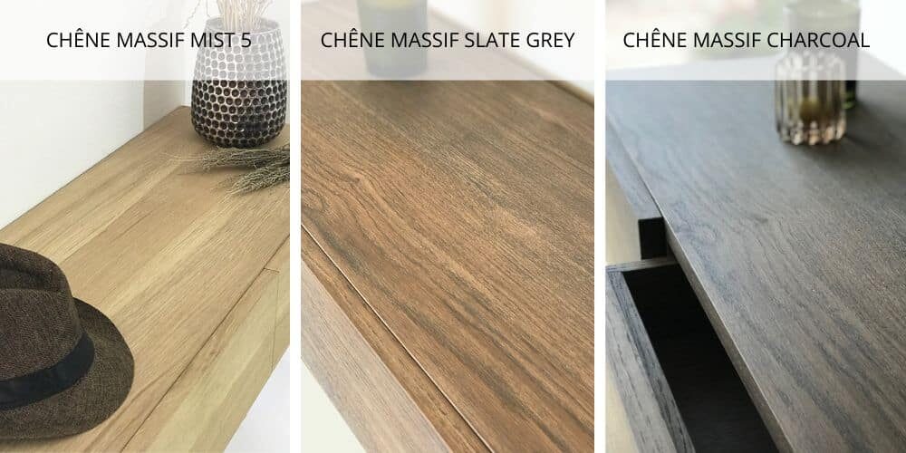 Détails des teintes disponibles pour le bois naturel : chêne clair, chêne grisé et chêne foncé Ces trois visuels illustrent les différentes finitions huilées possibles pour le bois de chêne massif naturel de la console design BERYLLA, du piétement au plateau, jusqu’aux tiroirs. Chaque nuance révèle la richesse du bois et la singularité de son veinage.